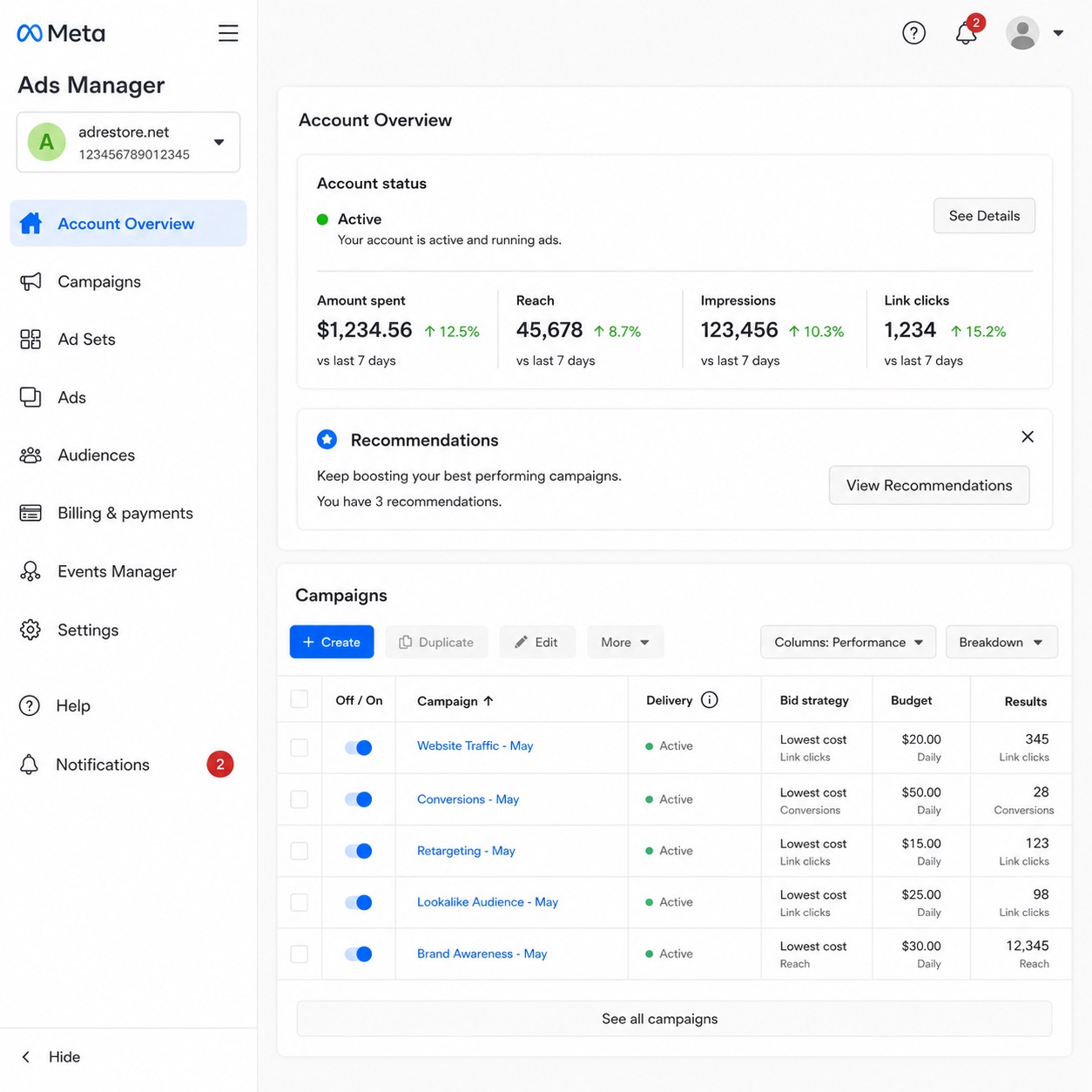 Restored Meta ad account, active and spending again